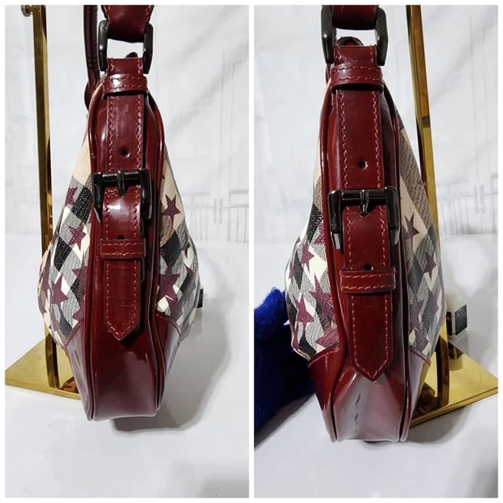 Authentic Burberry Nova Check Berry Red Star Small Hernville Hobo Bag Burgundy